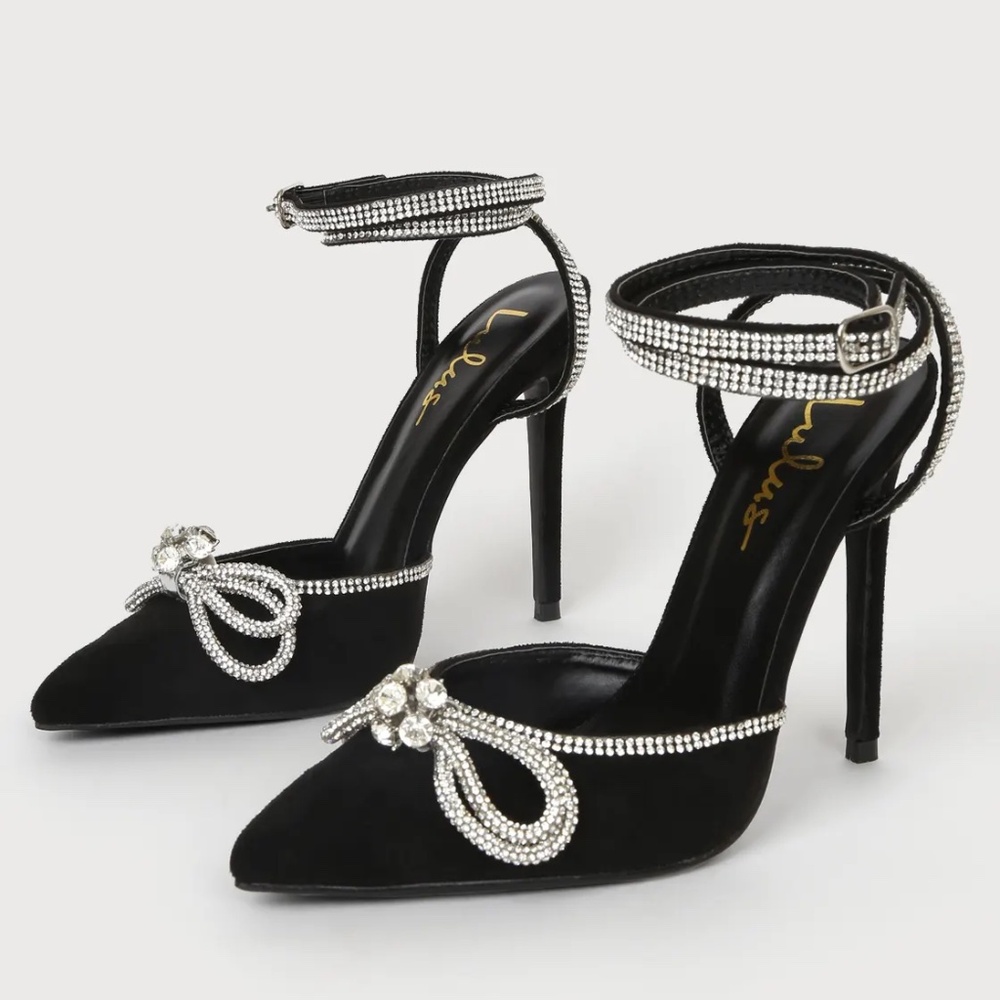 Lullie Black Suede Rhinestone Ankle Strap Pointed-Toe Pumps Size 9
